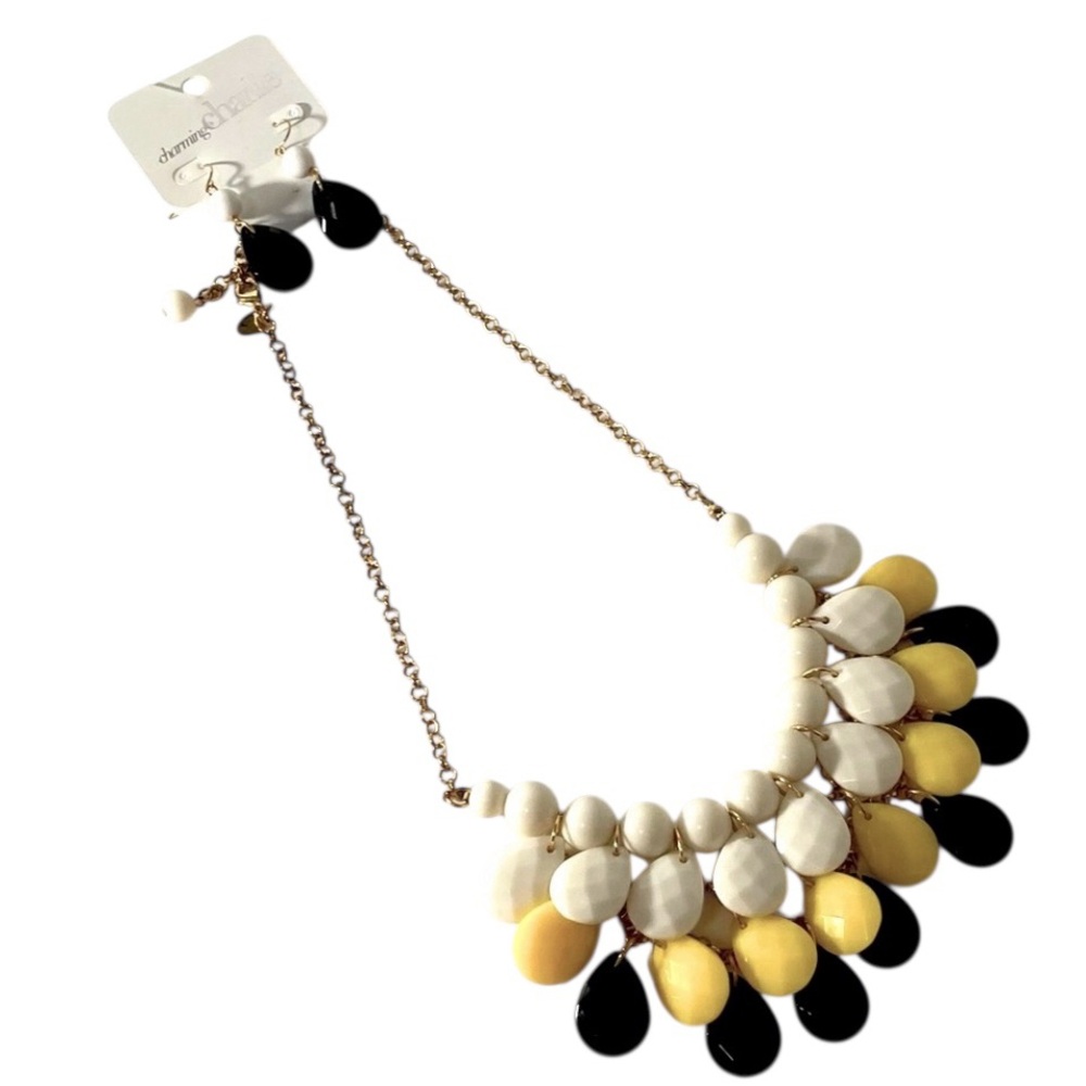 🆕 Charming Charlie Gorgeous Layered Necklace & Earring Set White Yellow Black